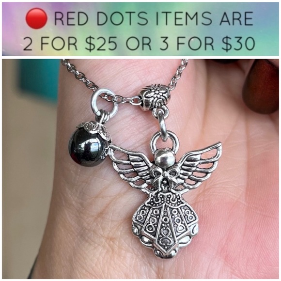 Silverskylight Jewelry - 🔴 Hematite bead angel charm stainless steel boho silver gemstone necklace .